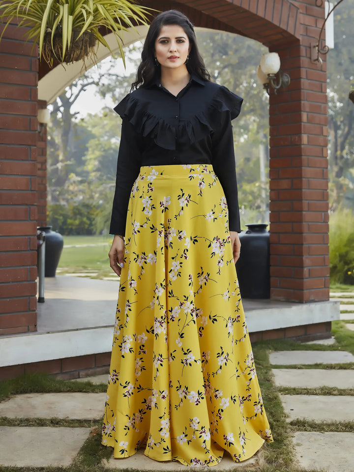 Charming Yellow Floral Printed Crepe Party Wear Crop Top Lehenga - Zeel Clothing