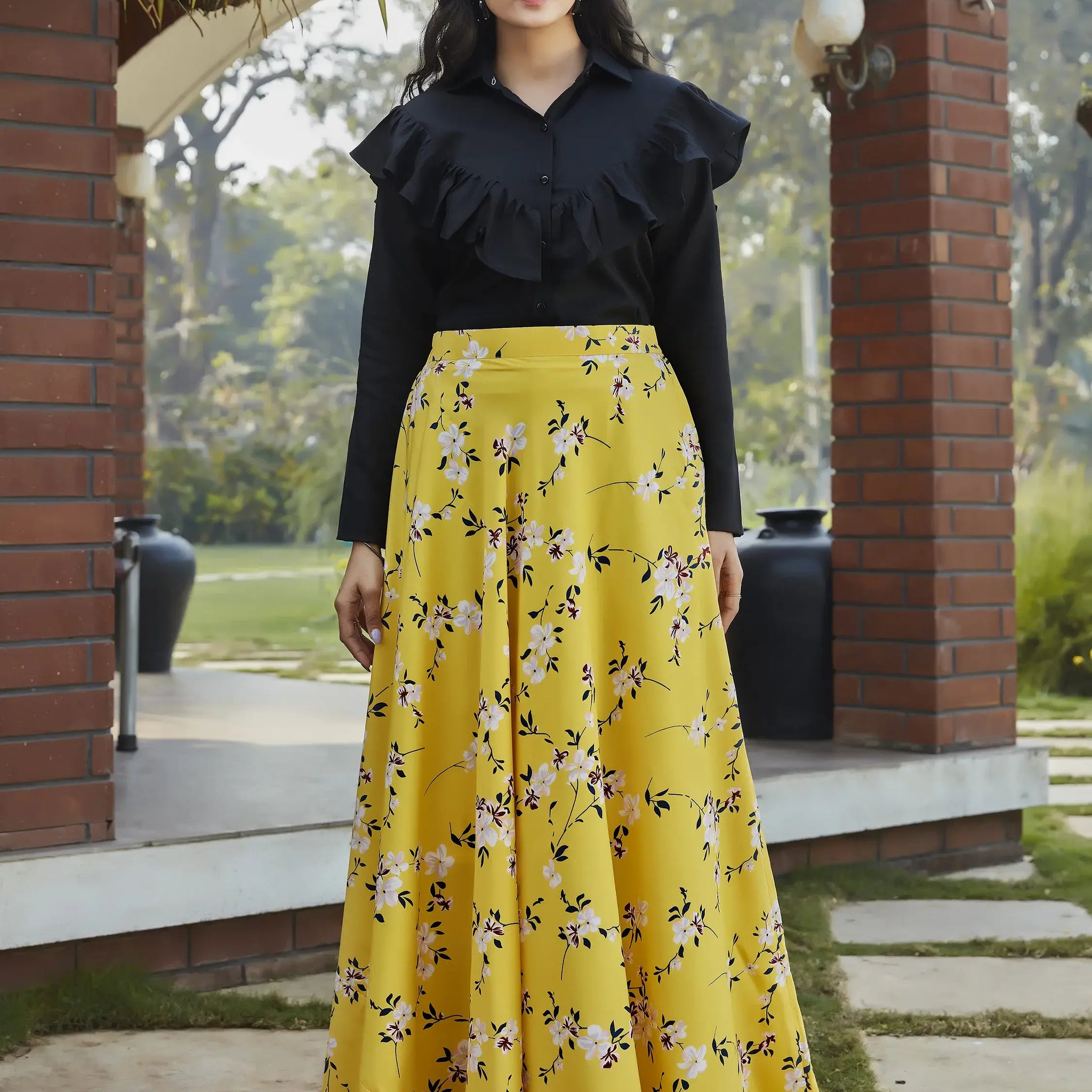 Charming Yellow Floral Printed Crepe Party Wear Crop Top Lehenga - Zeel Clothing