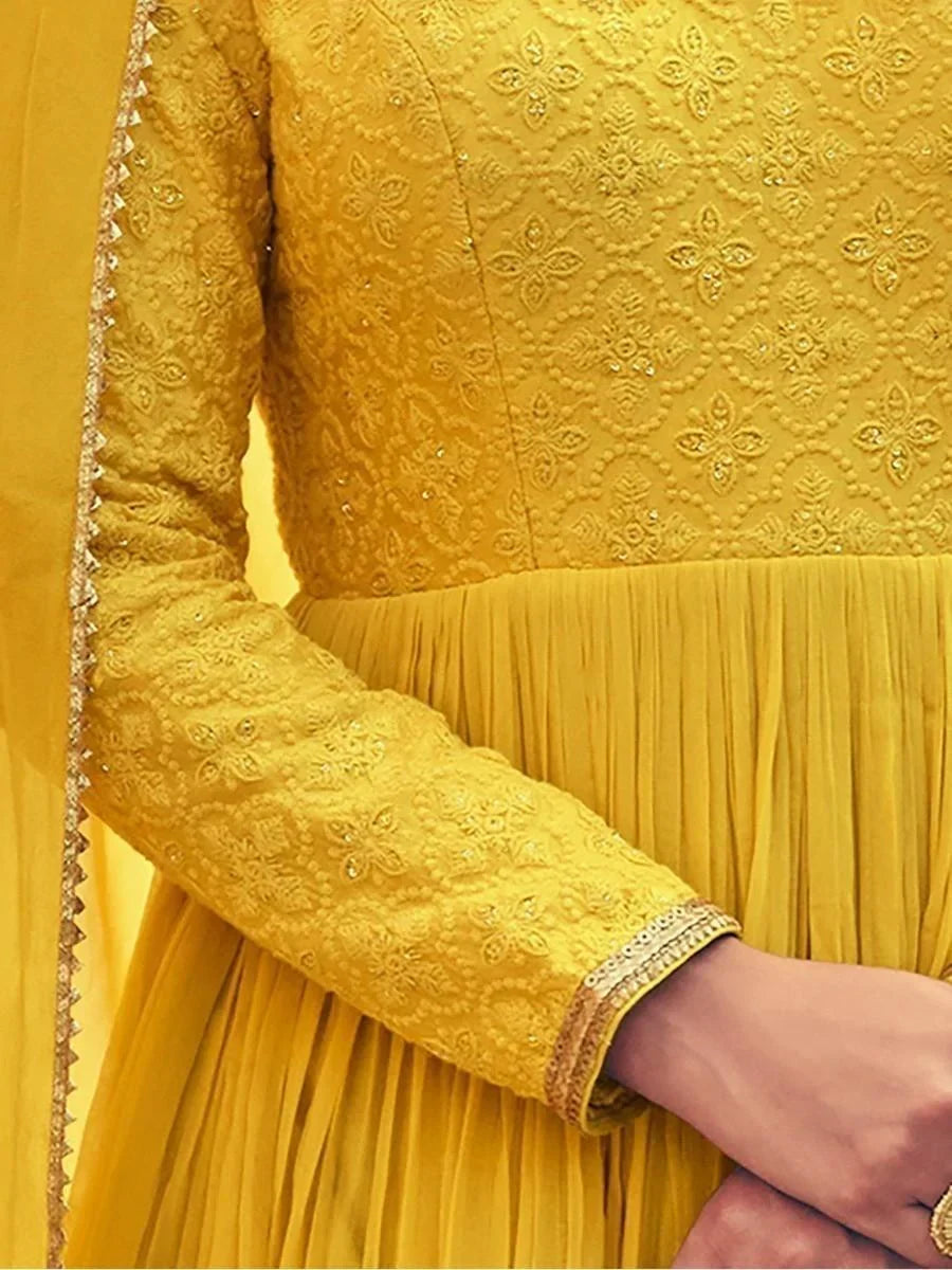 Buy Yellow Georgette Embroidered Gown With Dupatta Online At Zeel Clothing