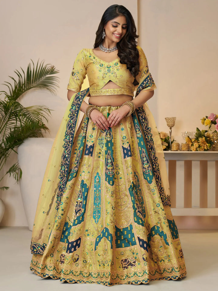 Charming Yellow Patch Work Banarasi Silk Wedding Wear Lehenga Choli - Zeel Clothing