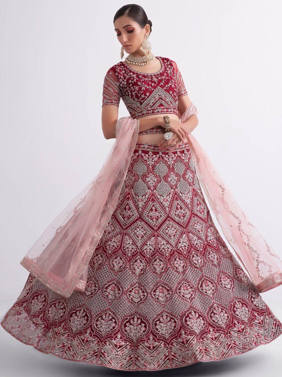 Cherry Red Heavily Embroidered Net Wedding Lehenga Choli