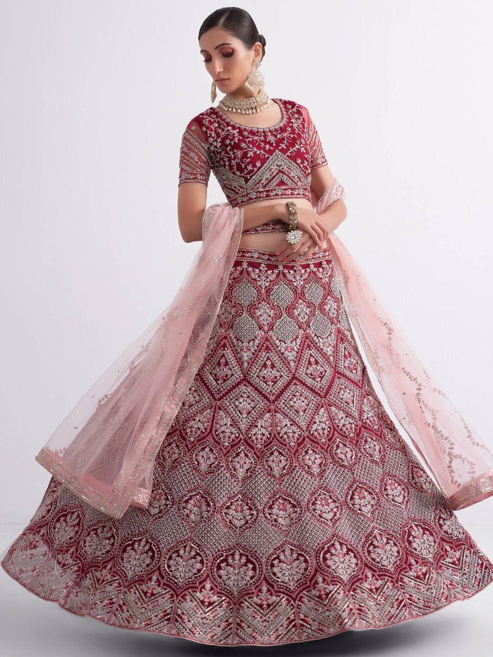 Cherry Red Heavily Embroidered Net Wedding Lehenga Choli