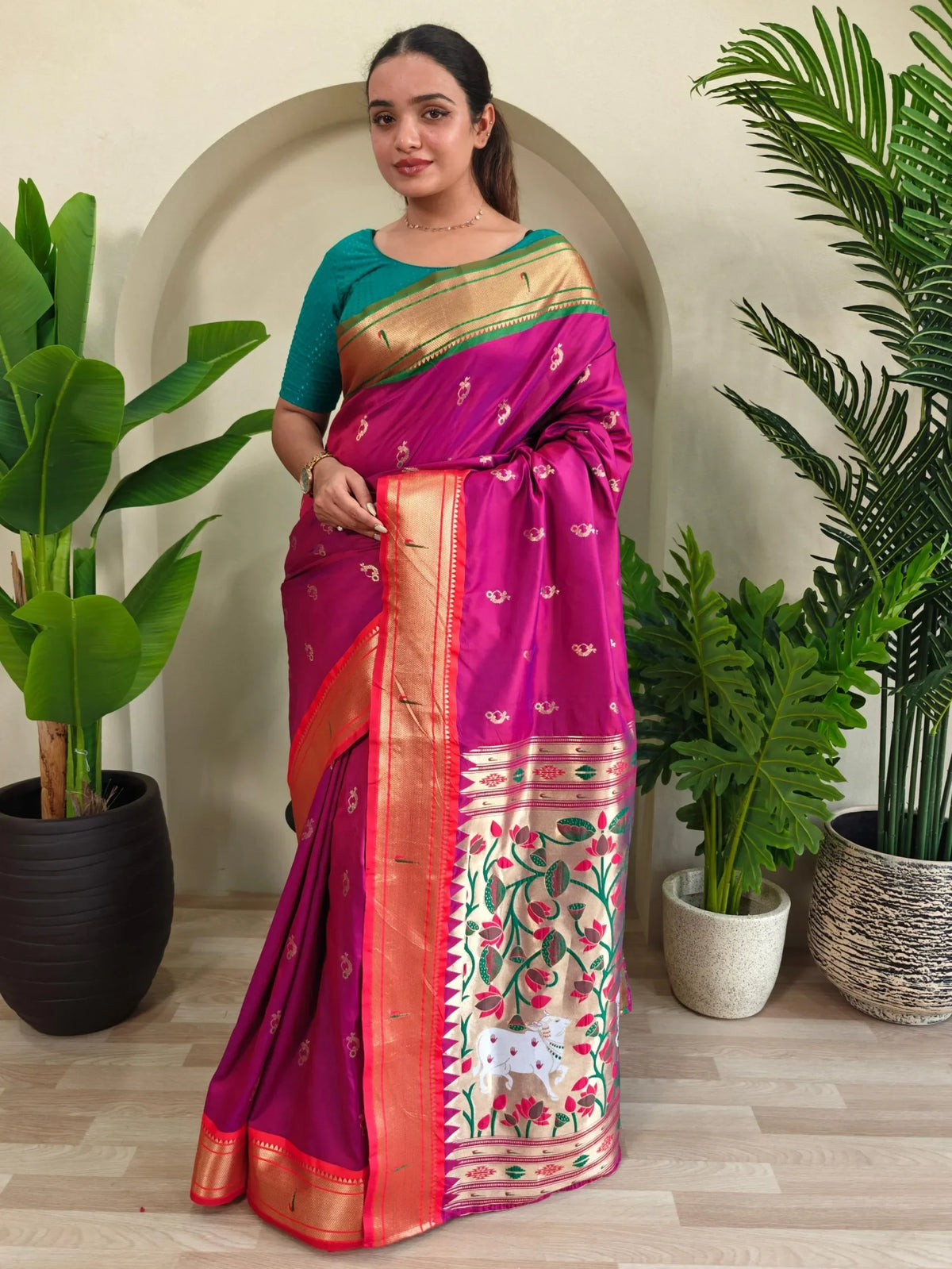 Chic Hot Pink Pichwai Printed Silk Wedding Wear Saree With Blouse - Zeel Clothing