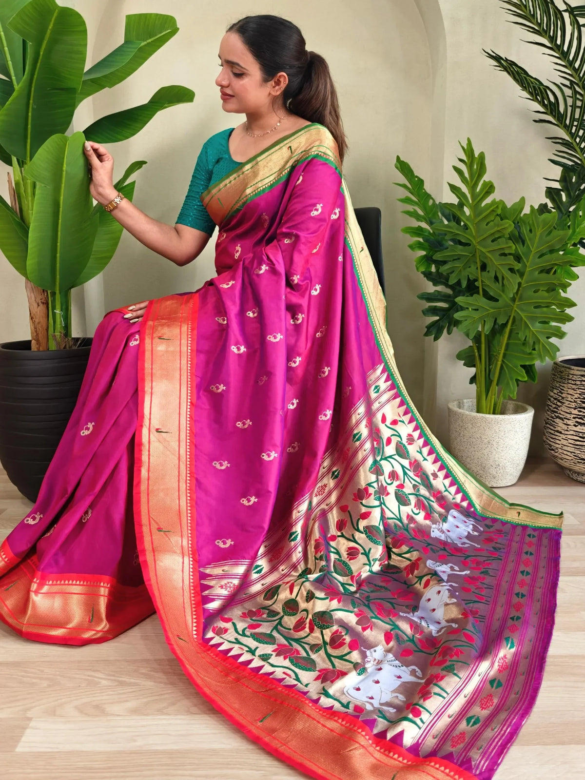 Chic Hot Pink Pichwai Printed Silk Wedding Wear Saree With Blouse - Zeel Clothing