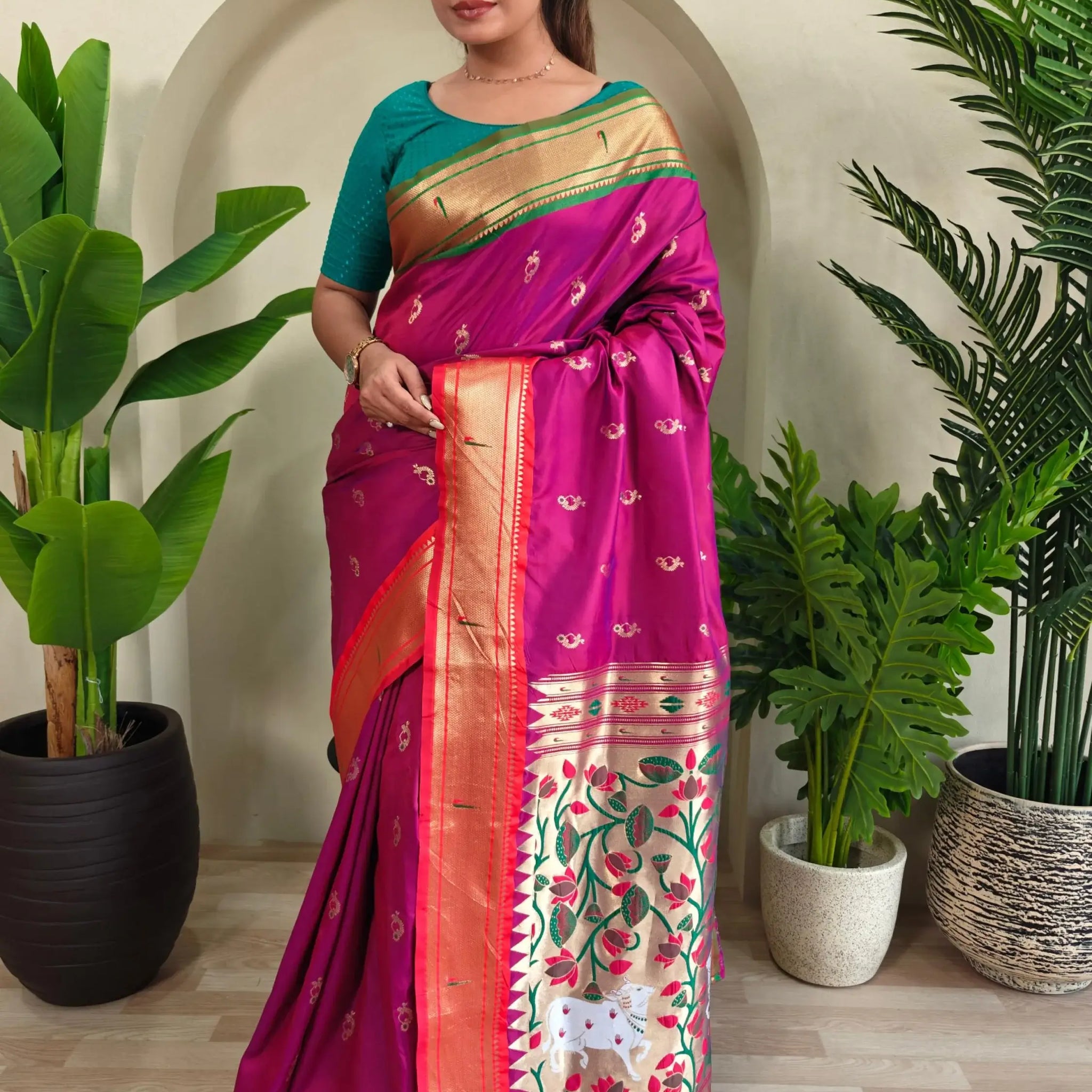 Chic Hot Pink Pichwai Printed Silk Wedding Wear Saree With Blouse - Zeel Clothing