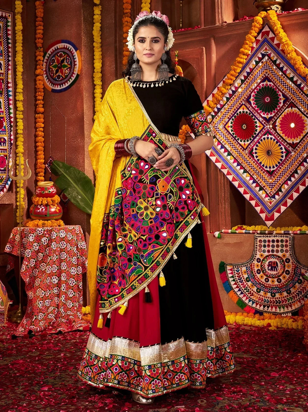 Chic Multi-Color Thread Work Cotton Navratri Wear Lehenga Choli With Dupatta - Zeel Clothing