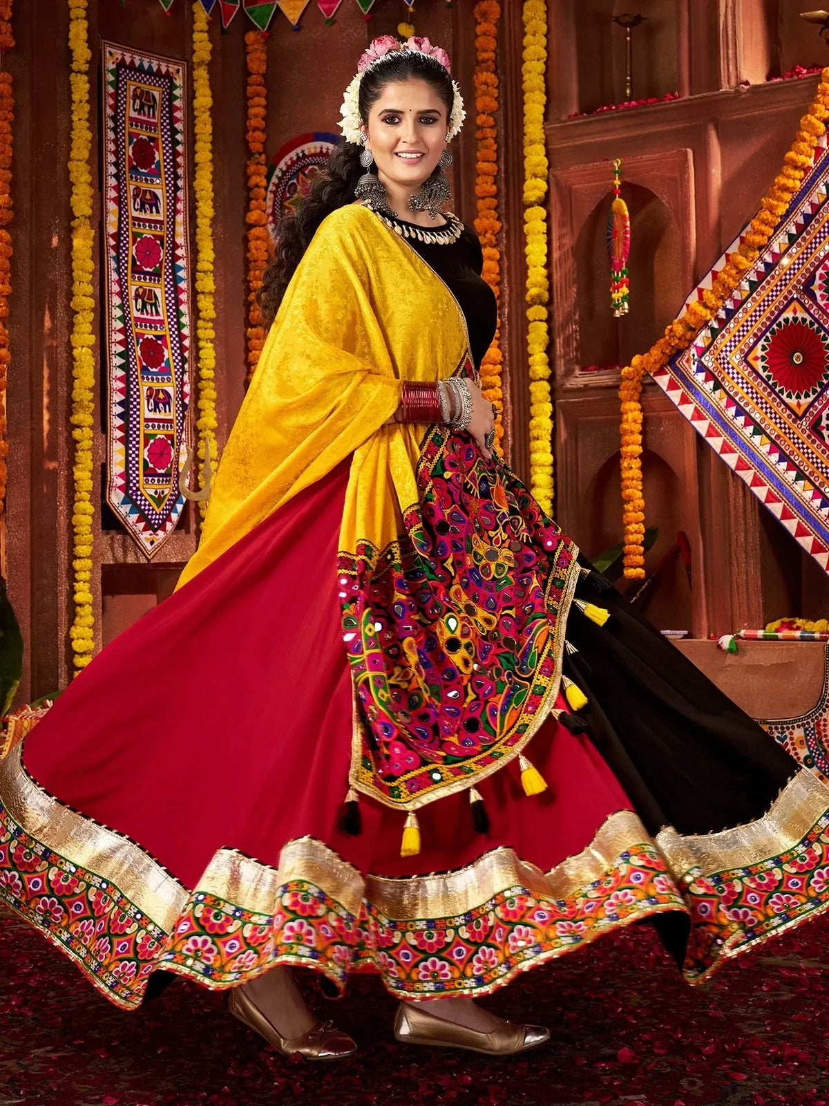 Chic Multi-Color Thread Work Cotton Navratri Wear Lehenga Choli With Dupatta - Zeel Clothing