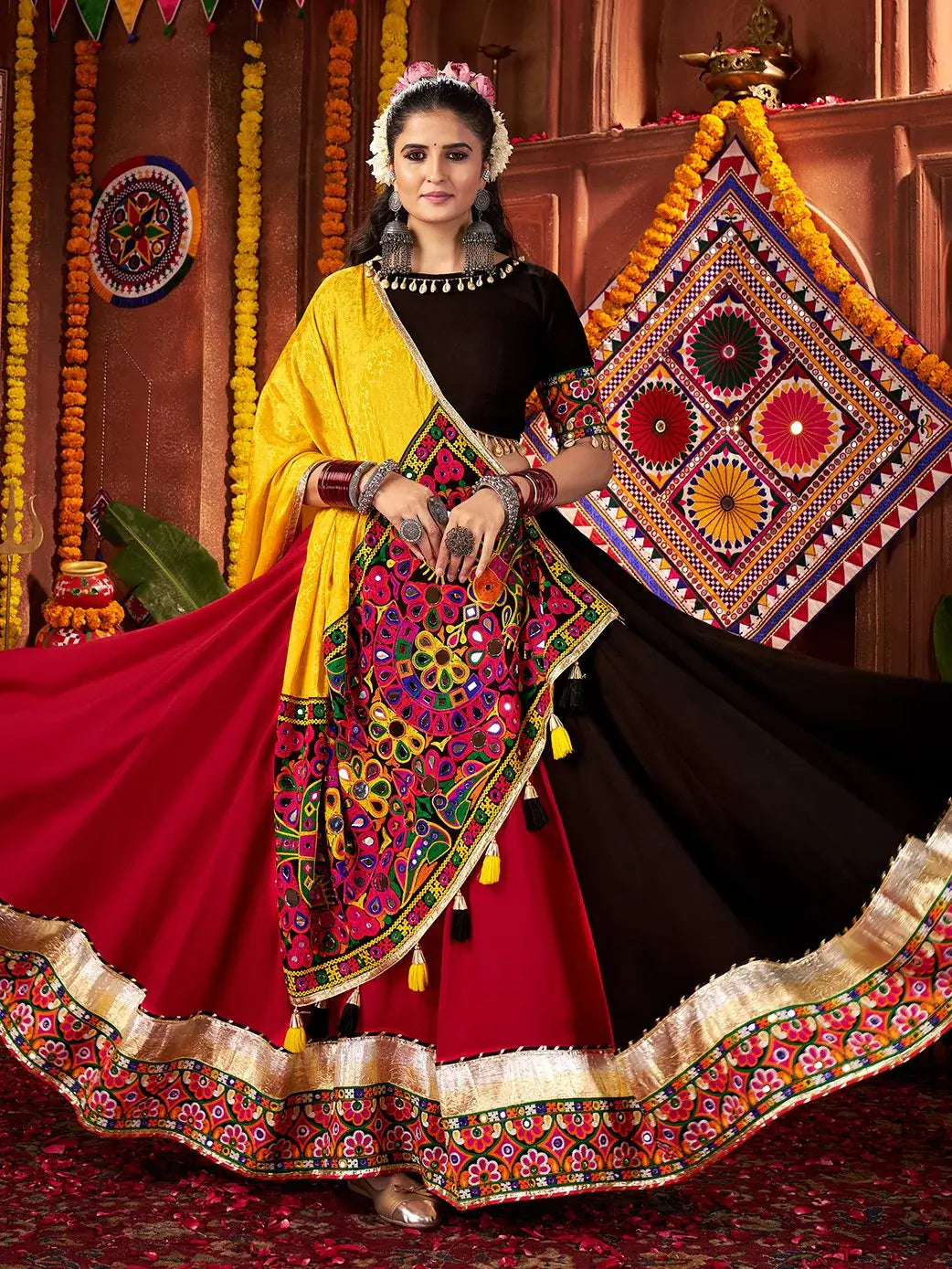 Chic Multi-Color Thread Work Cotton Navratri Wear Lehenga Choli With Dupatta - Zeel Clothing