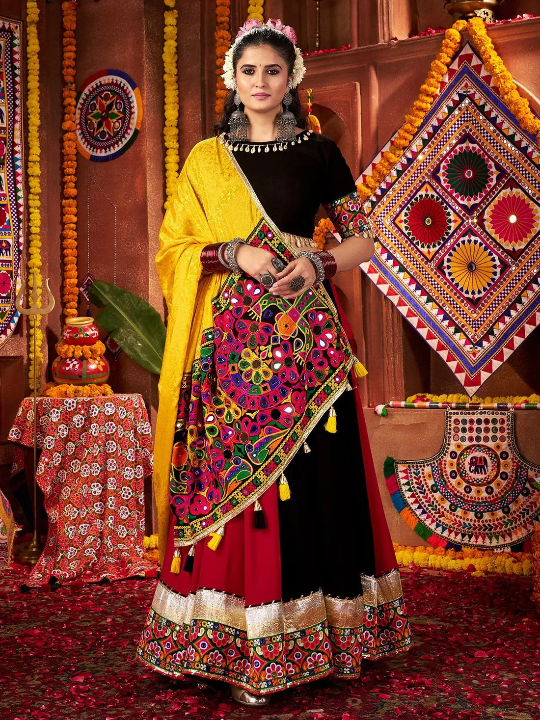 Chic Multi-Color Thread Work Cotton Navratri Wear Lehenga Choli With Dupatta - Zeel Clothing