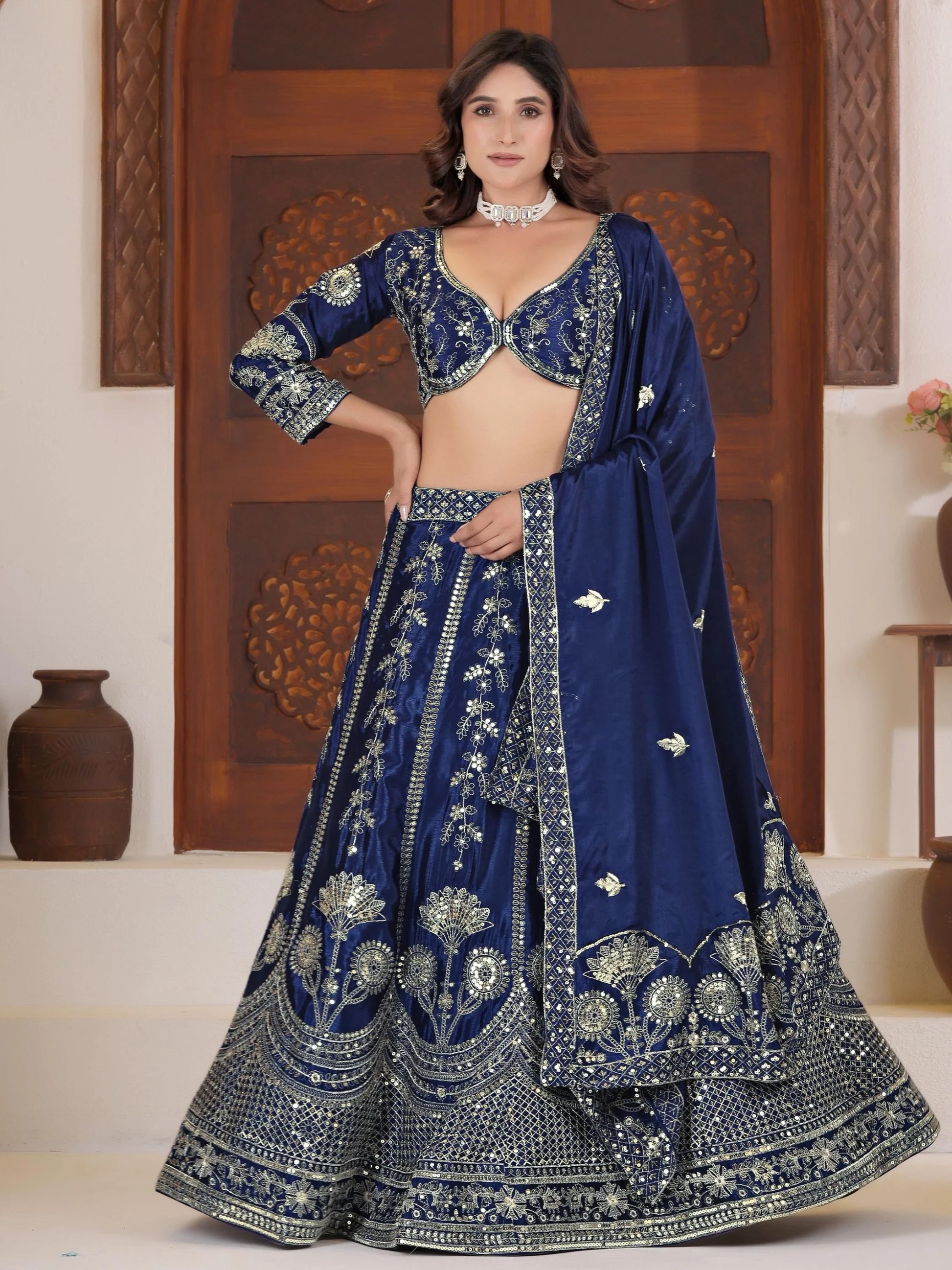 Chic Navy Blue Zari Embroidered Chinon Event Wear Lehenga Choli With Dupatta