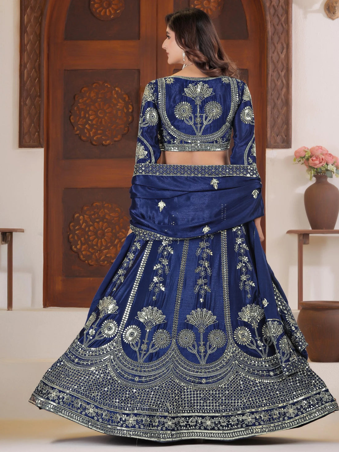 Chic Navy Blue Zari Embroidered Chinon Event Wear Lehenga Choli With Dupatta