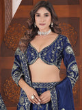 Chic Navy Blue Zari Embroidered Chinon Event Wear Lehenga Choli With Dupatta