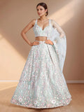 Chic Sky Blue Sequins Net Bridesmaid Lehenga Choli With Dupatta