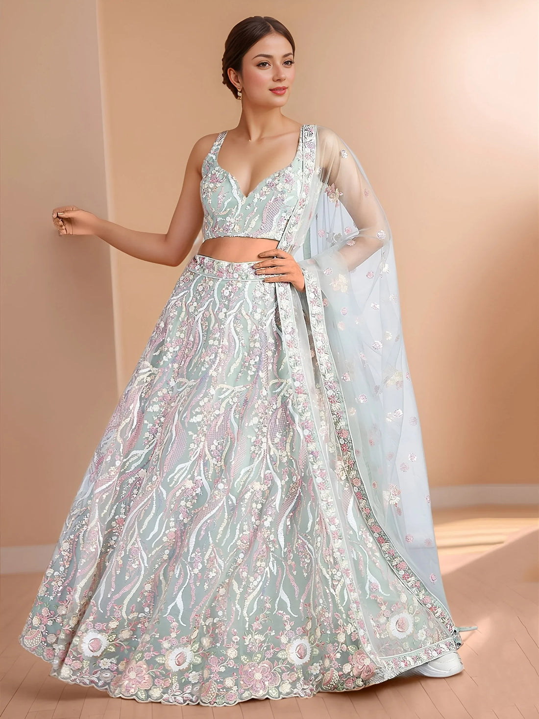 Chic Sky Blue Sequins Net Bridesmaid Lehenga Choli With Dupatta