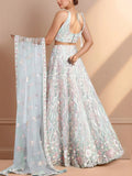 Chic Sky Blue Sequins Net Bridesmaid Lehenga Choli With Dupatta