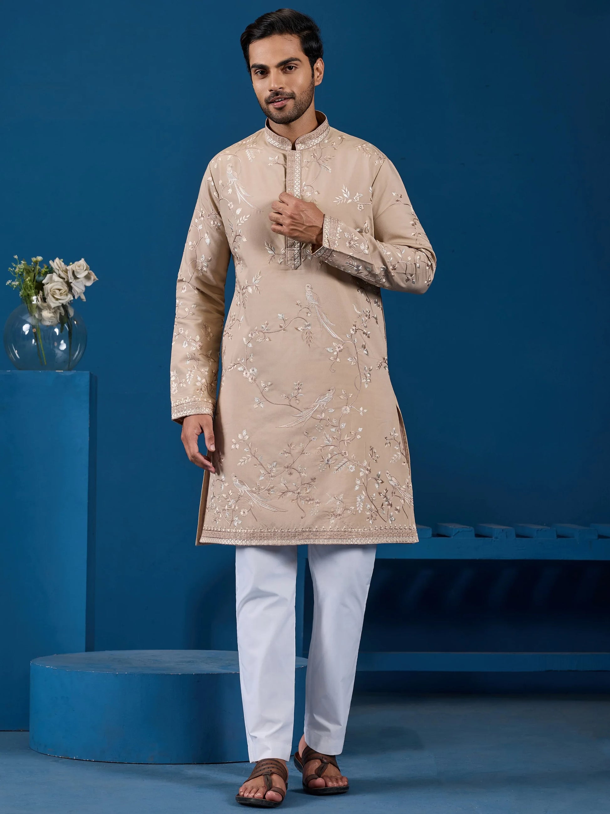 Classic Beige Sequins Work Silk Festive Wear Men Kurta
