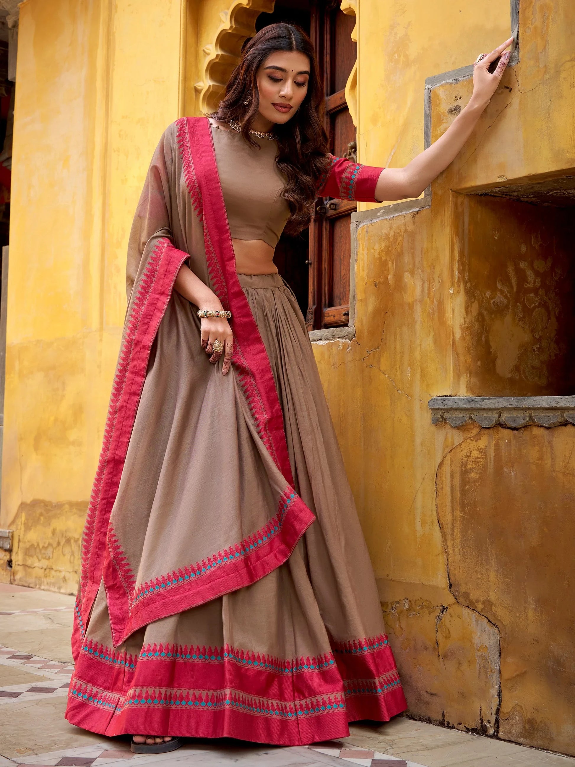 Classic Brown Embroidered Chanderi Festive Wear Lehenga Choli 