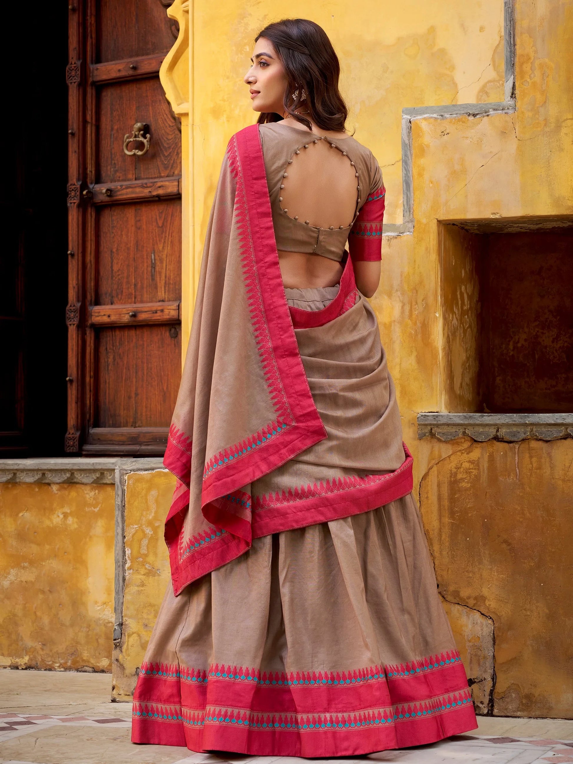Classic Brown Embroidered Chanderi Festive Wear Lehenga Choli 
