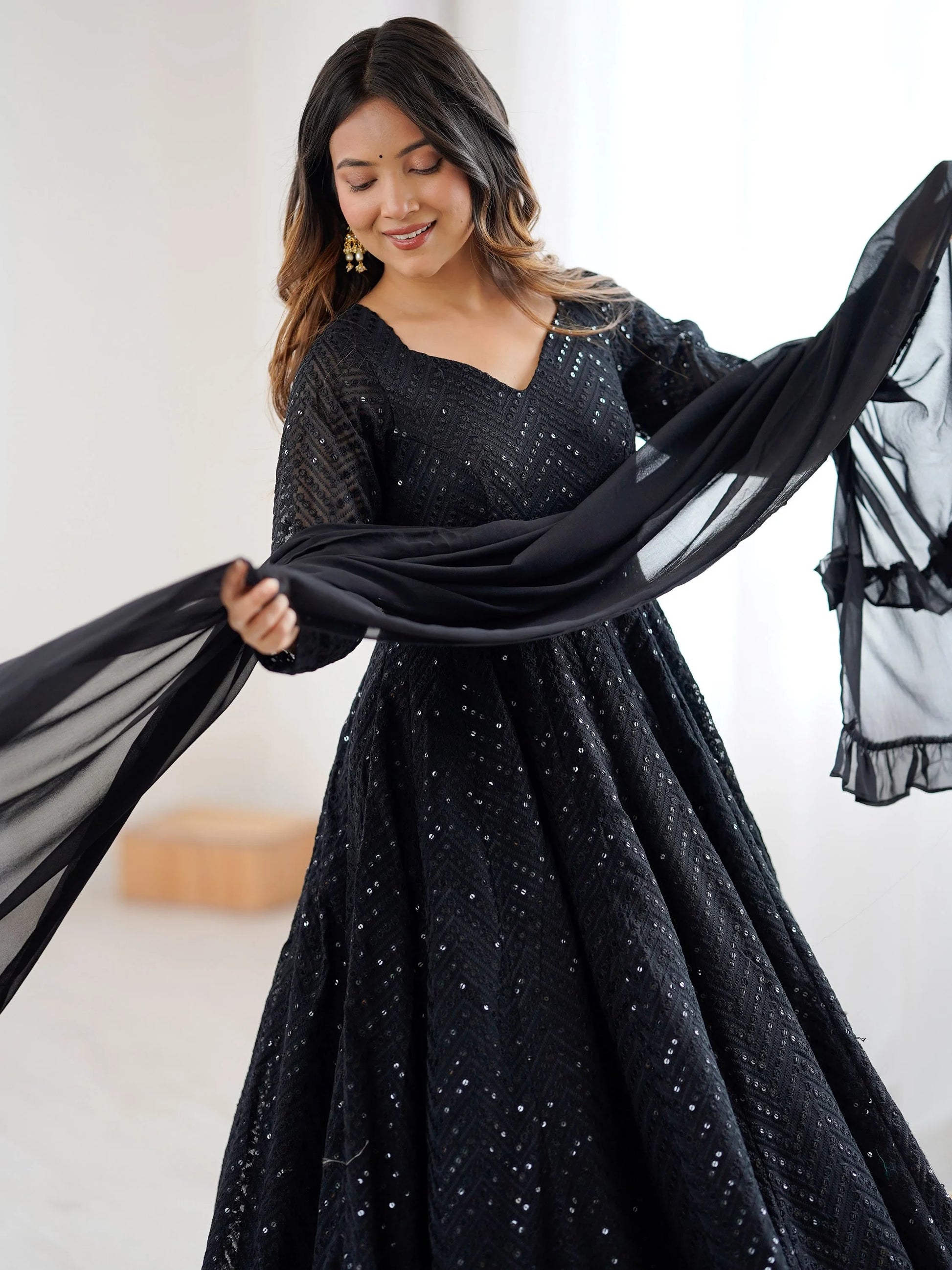 Classic Black Lucknawi Work Georgette Evening Wear Anarkali Suit