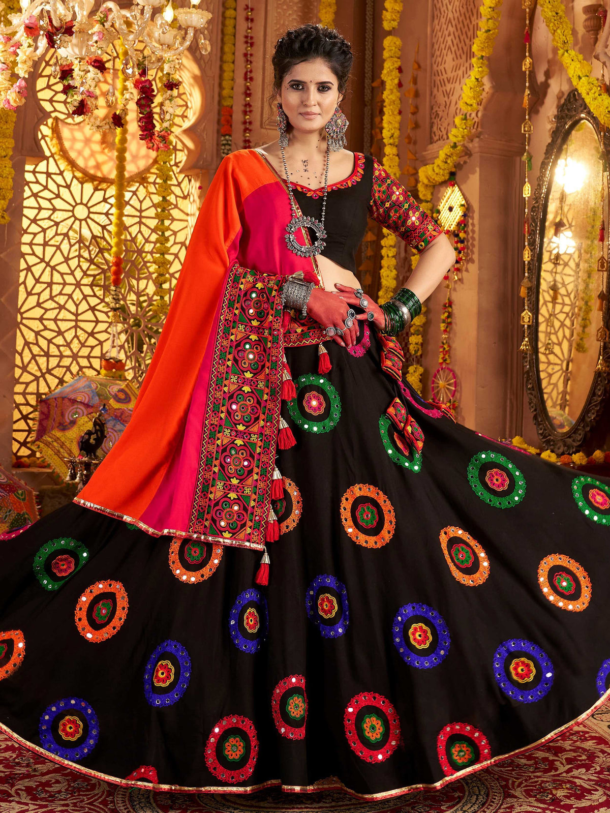 Classic Black Thread Embroidery Cotton Navratri Special Lehenga Choli - Zeel Clothing