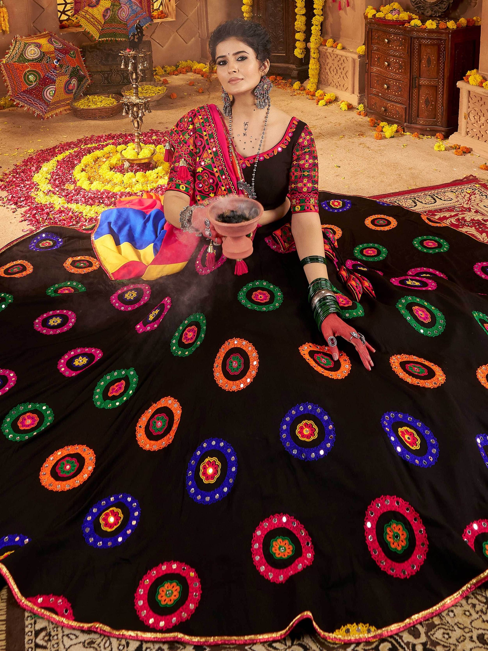 Classic Black Thread Embroidery Cotton Navratri Special Lehenga Choli - Zeel Clothing