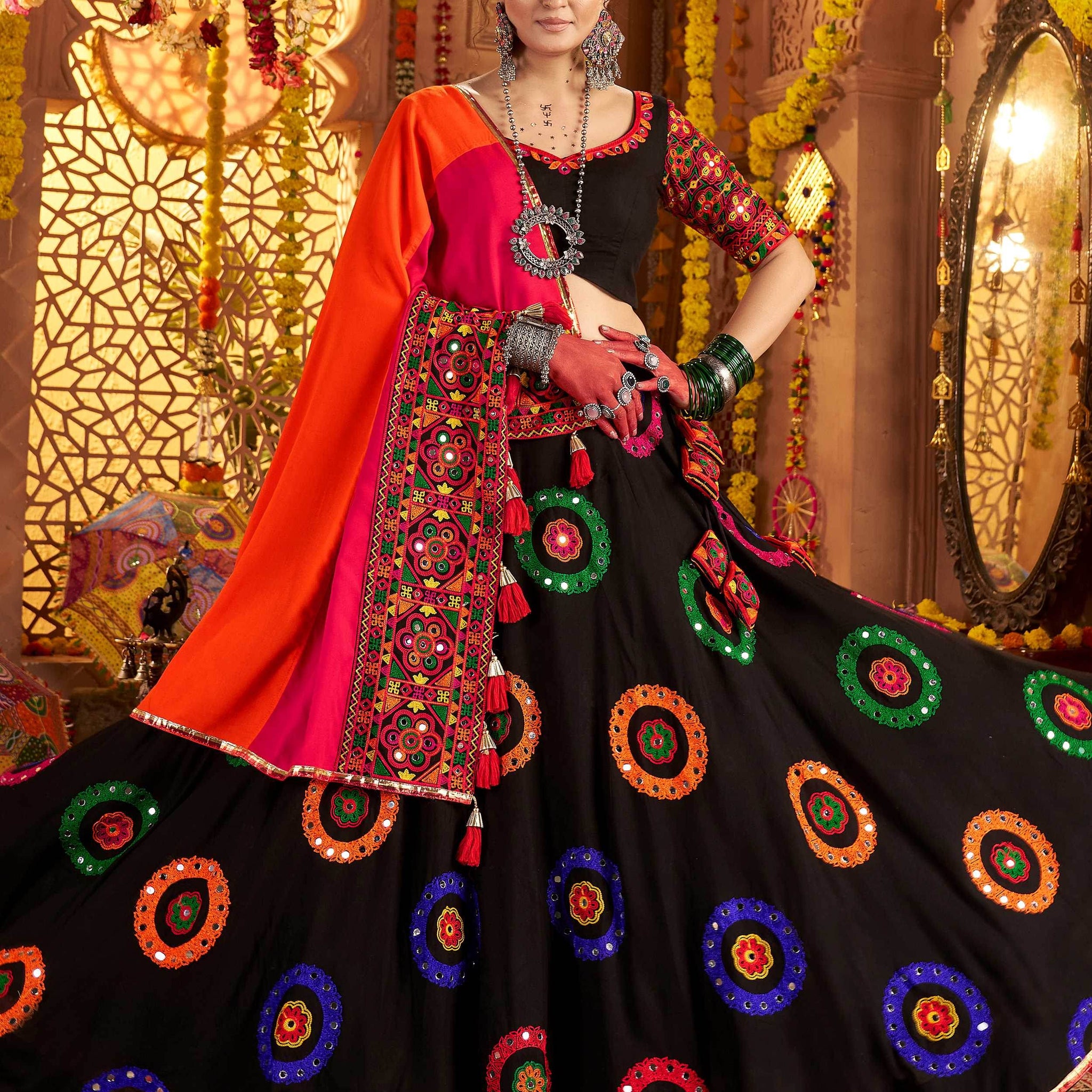 Classic Black Thread Embroidery Cotton Navratri Special Lehenga Choli - Zeel Clothing