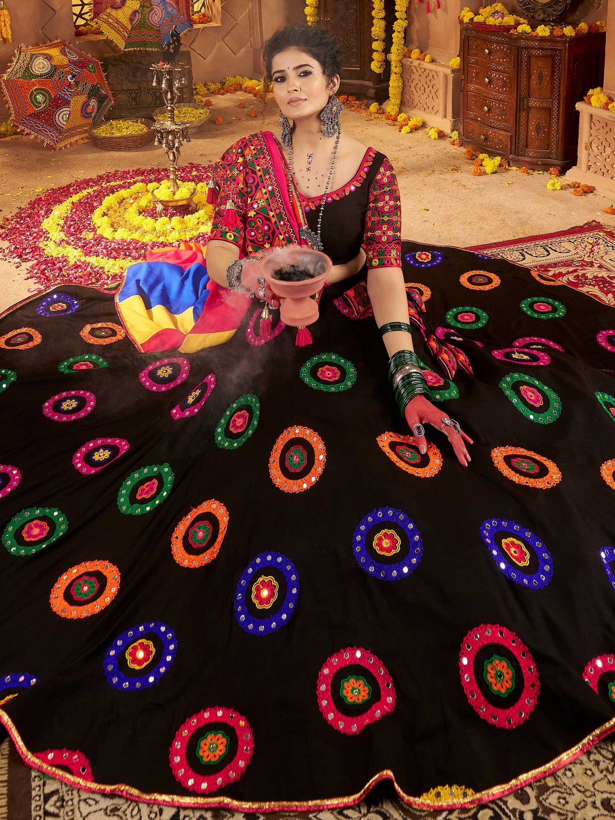 Classic Black Thread Embroidery Cotton Navratri Special Lehenga Choli - Zeel Clothing