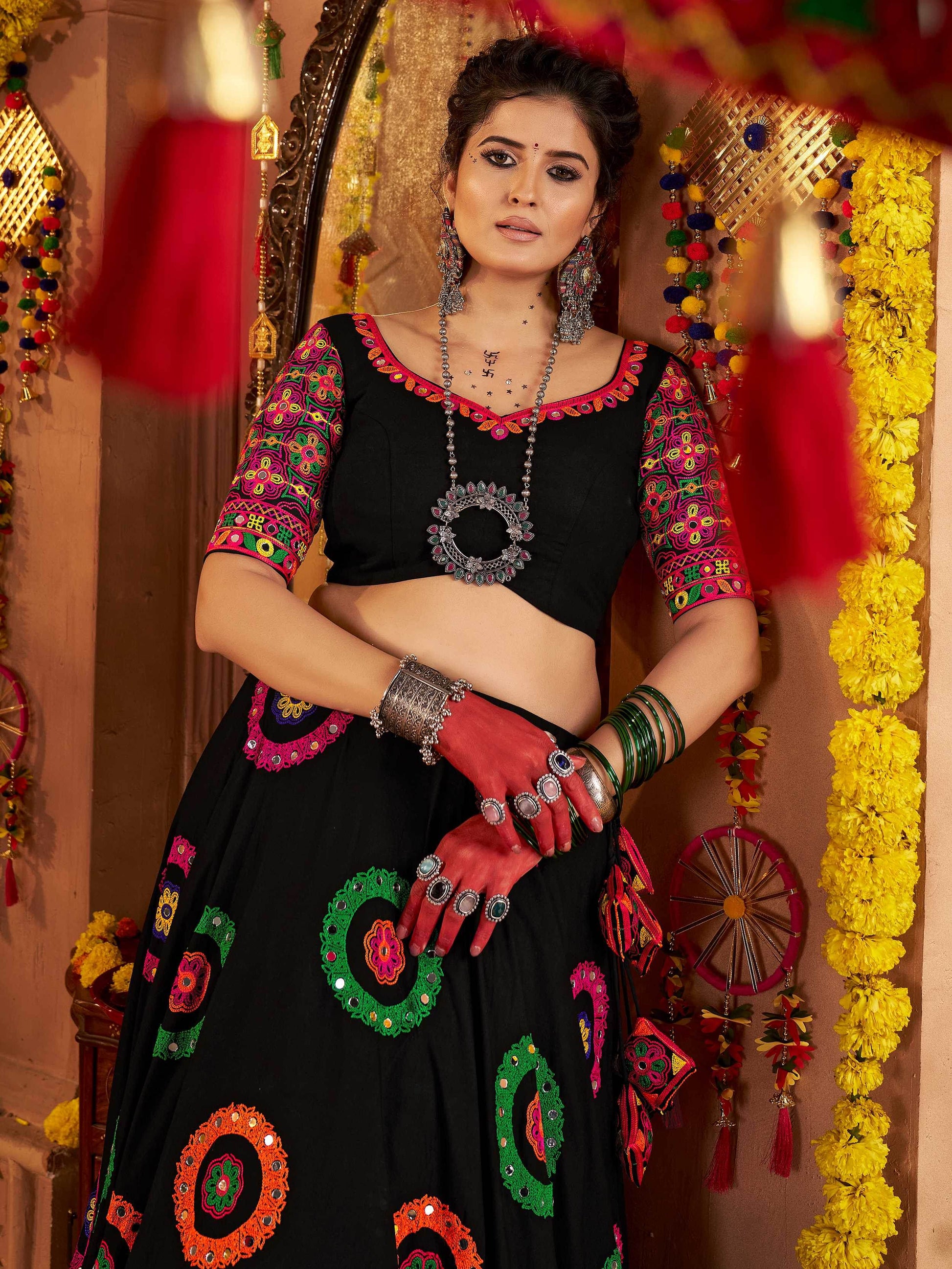 Classic Black Thread Embroidery Cotton Navratri Special Lehenga Choli - Zeel Clothing