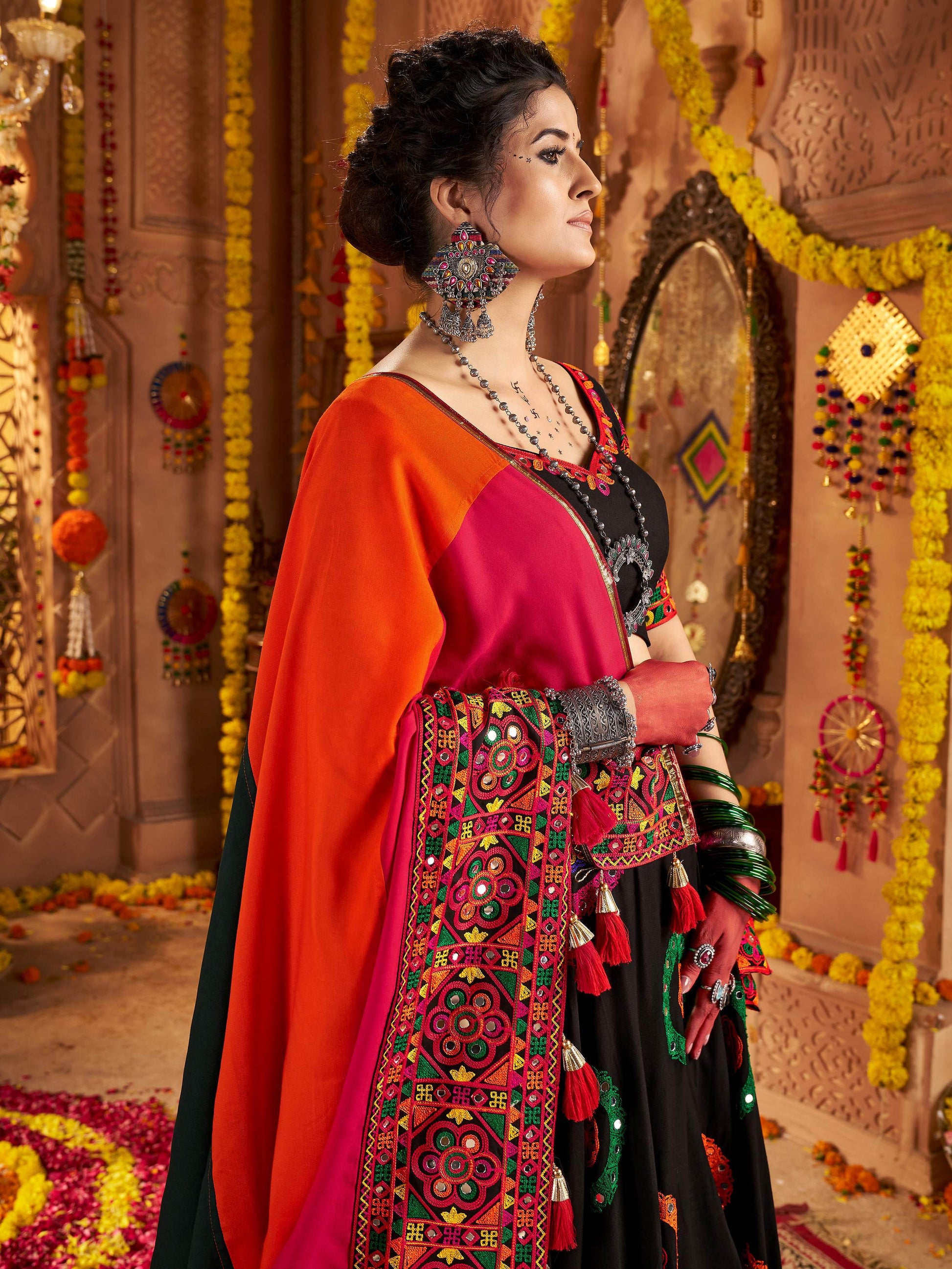 Classic Black Thread Embroidery Cotton Navratri Special Lehenga Choli - Zeel Clothing