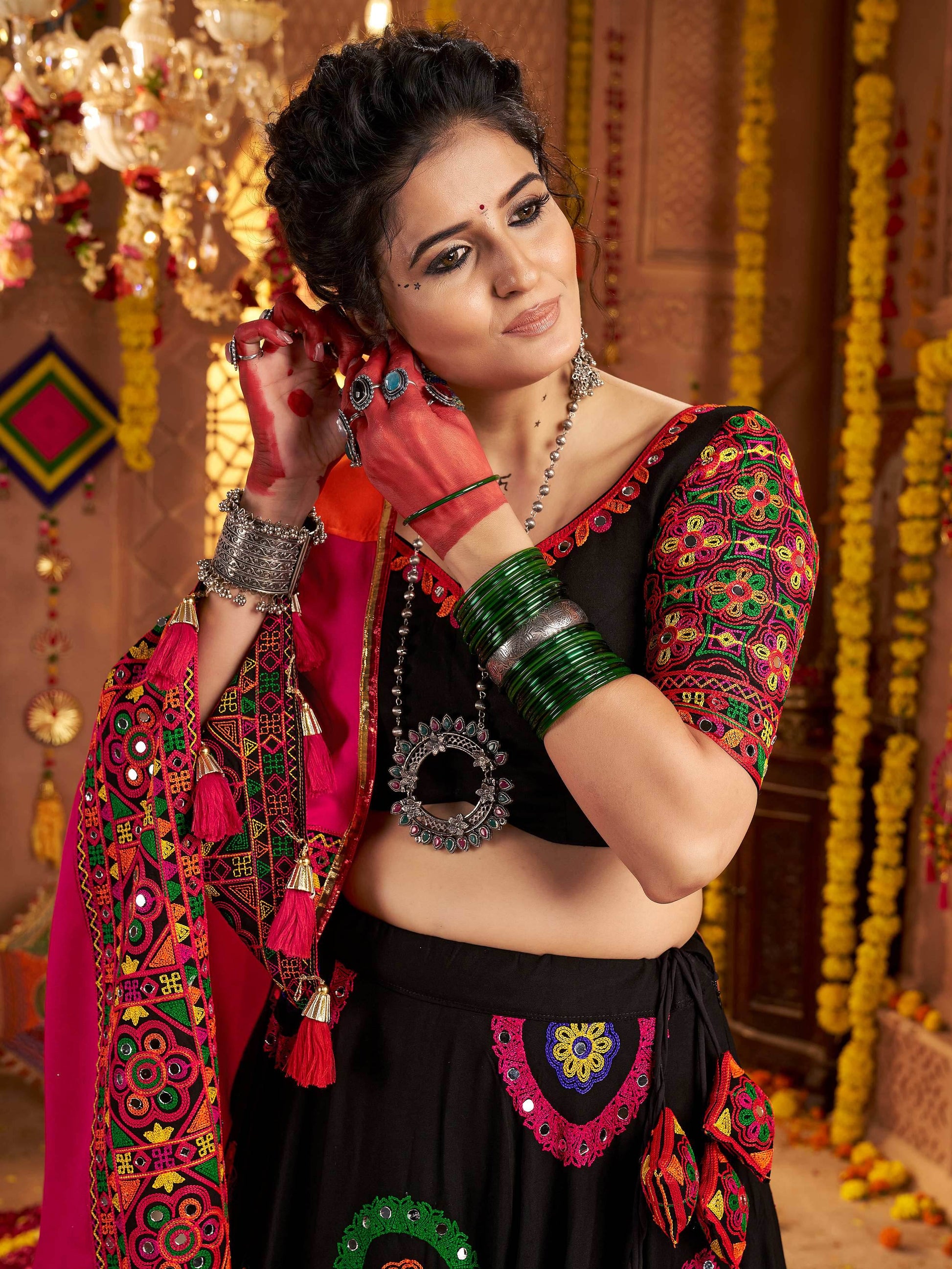Classic Black Thread Embroidery Cotton Navratri Special Lehenga Choli - Zeel Clothing
