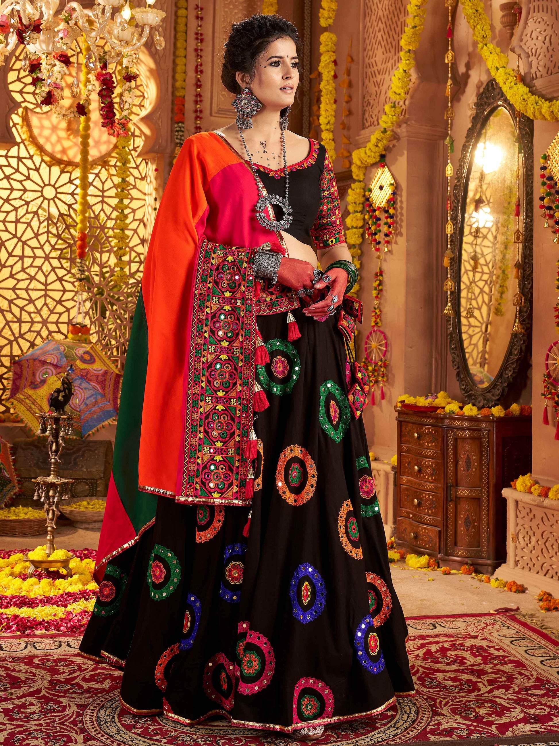 Classic Black Thread Embroidery Cotton Navratri Special Lehenga Choli - Zeel Clothing