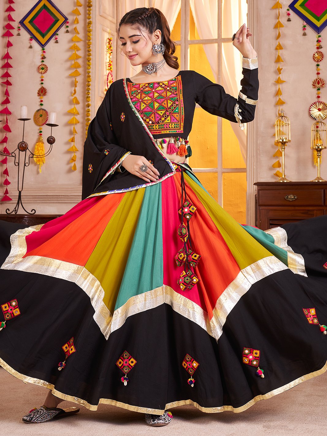 Classic Black Thread Work Cotton Navratri Special Lehenga Choli With Dupatta - Zeel Clothing