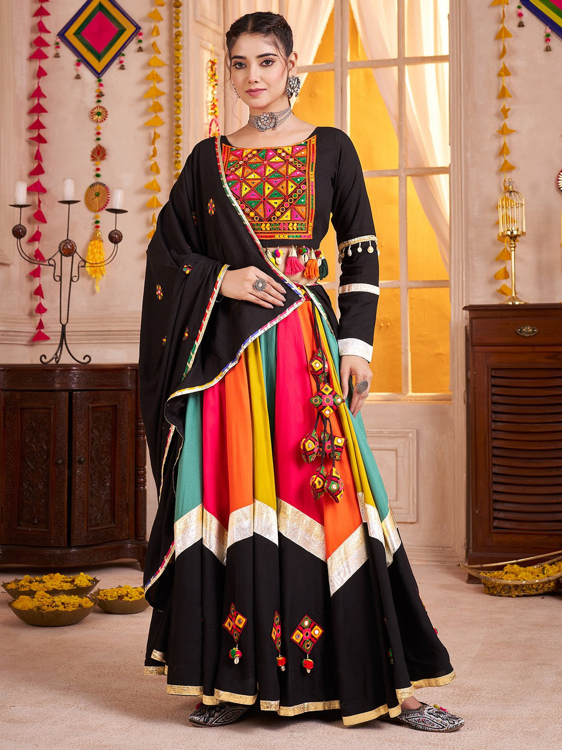 Classic Black Thread Work Cotton Navratri Special Lehenga Choli With Dupatta - Zeel Clothing