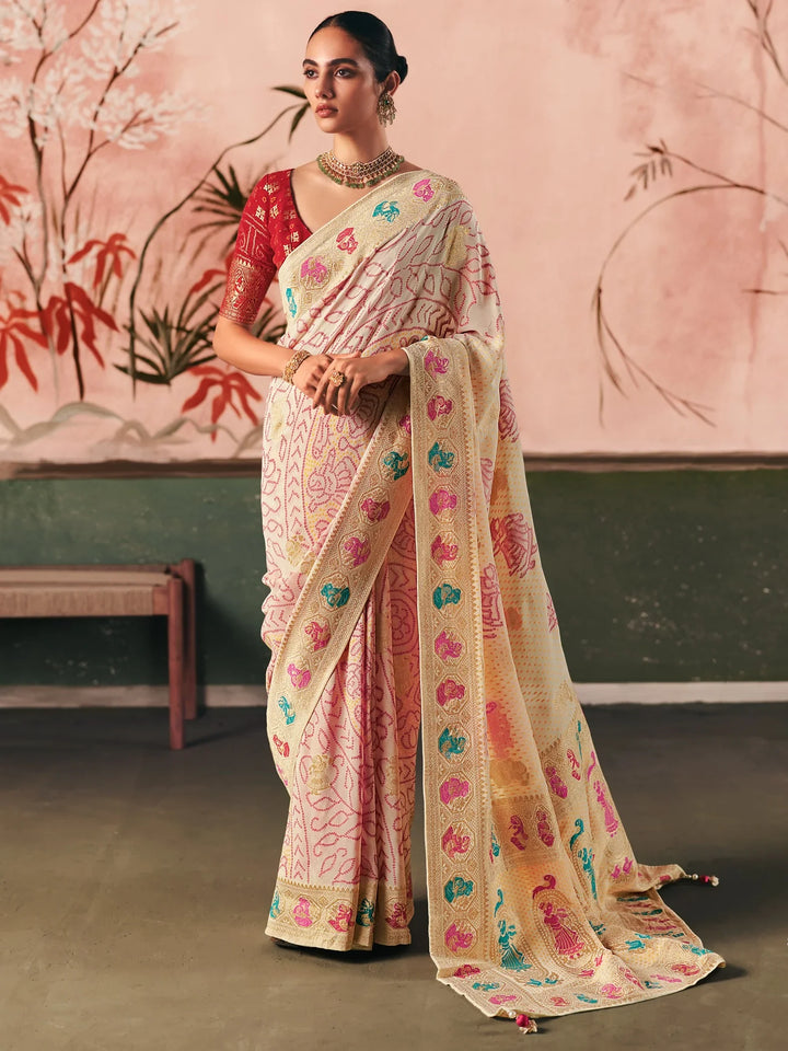 Classic Cream Zari Weaving Silk Wedding Wear Saree With Blouse