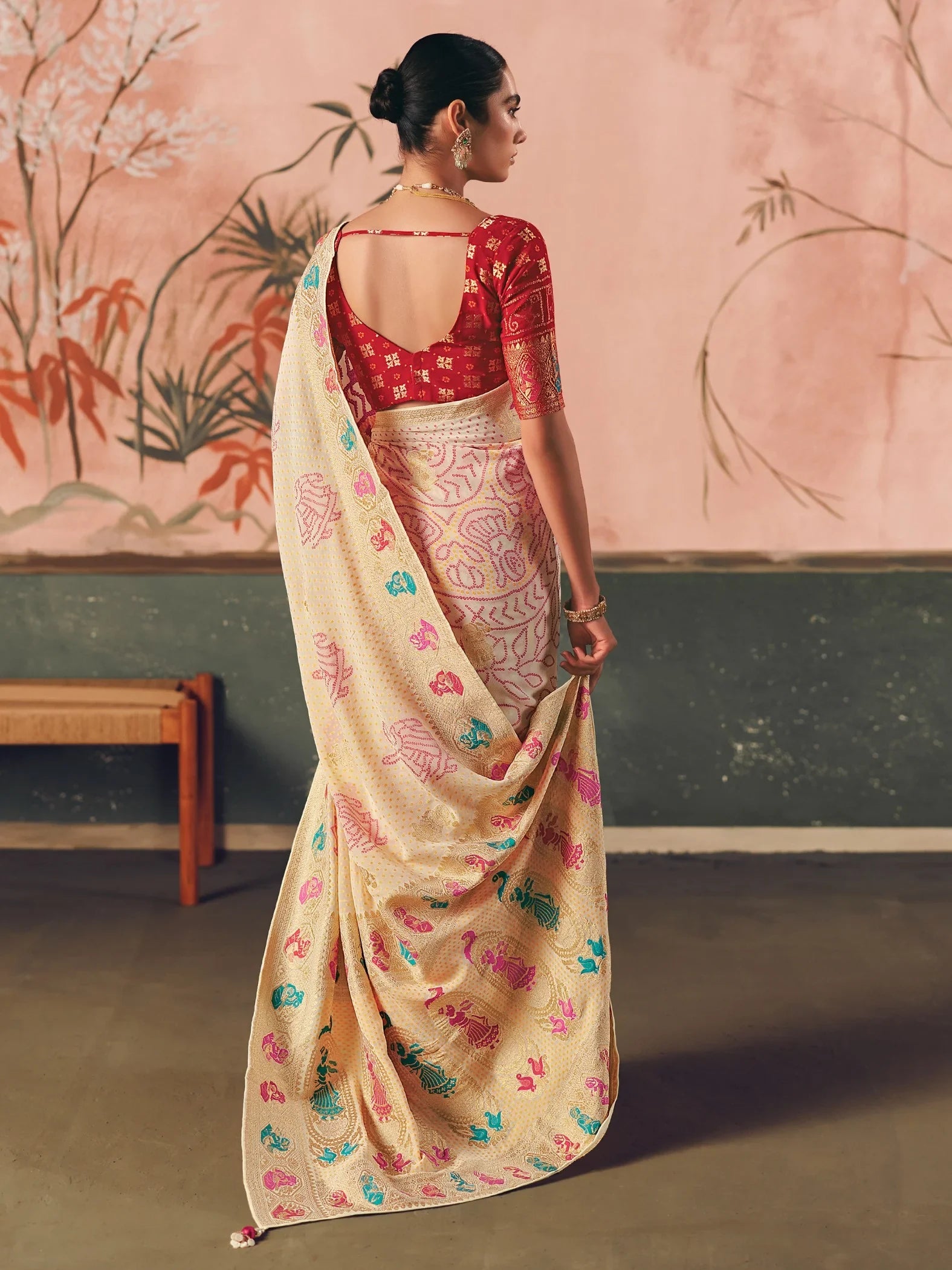 Classic Cream Zari Weaving Silk Wedding Wear Saree With Blouse