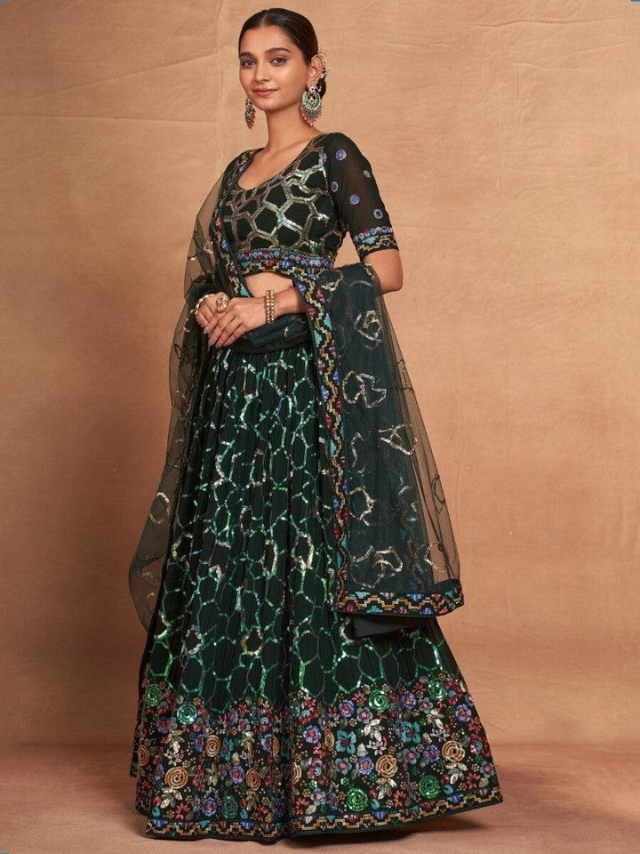 Classic Green Sequins Georgette Sangeet Wear Lehenga Choli