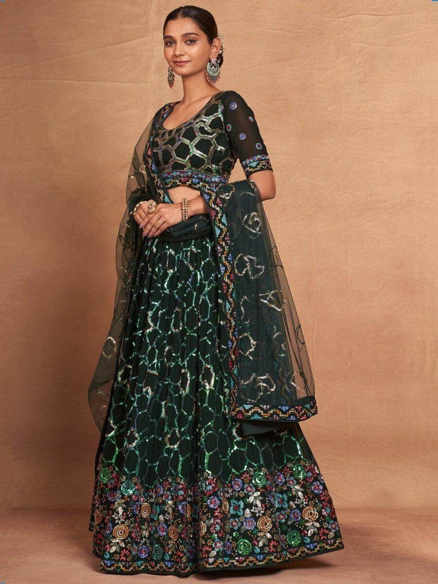 Classic Green Sequins Georgette Sangeet Wear Lehenga Choli - Zeel Clothing