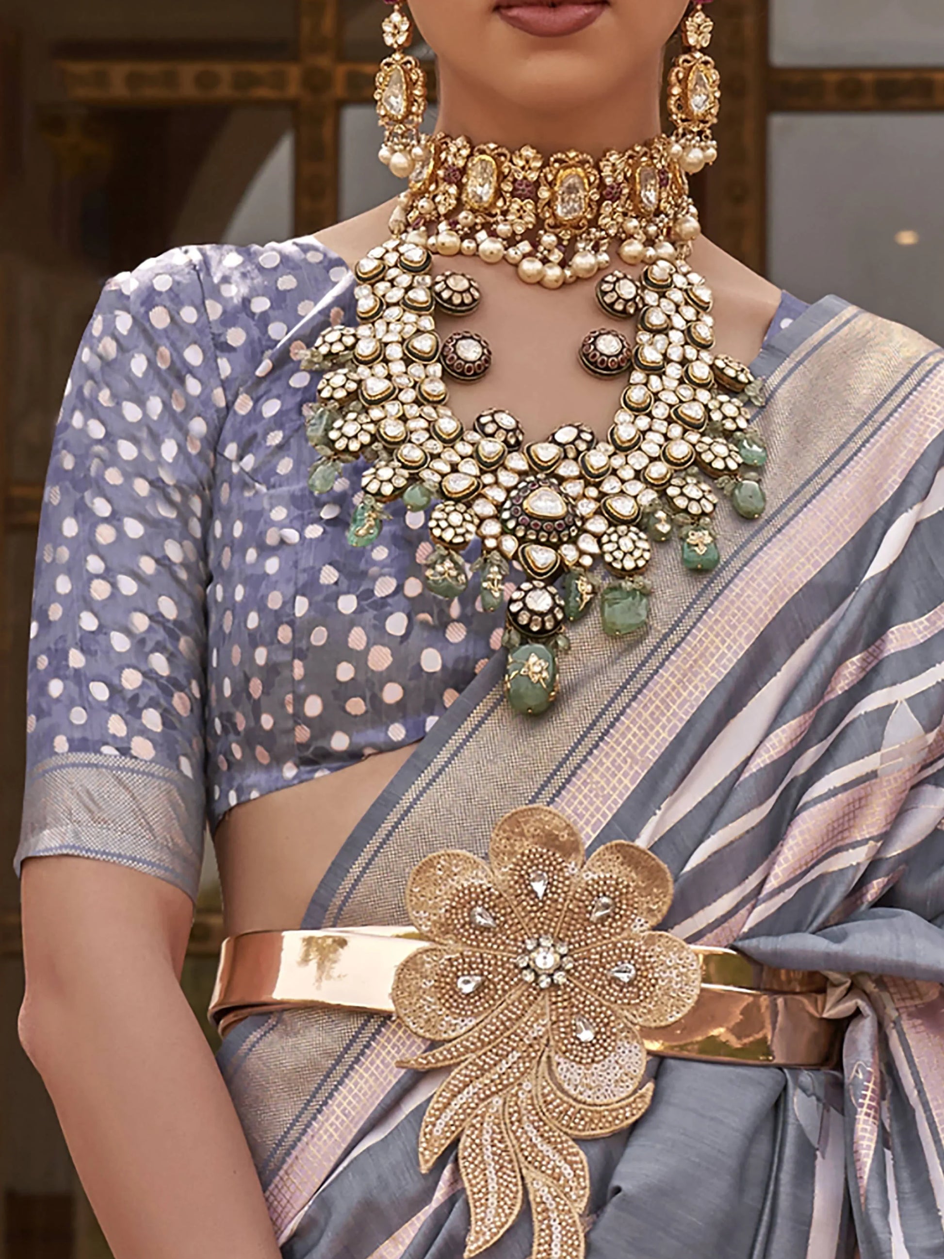 Classic Grey Floral Print Silk Party Wear Saree With Blouse - Zeel Clothing