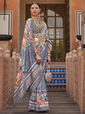 Classic Grey Floral Print Silk Party Wear Saree With Blouse - Zeel Clothing