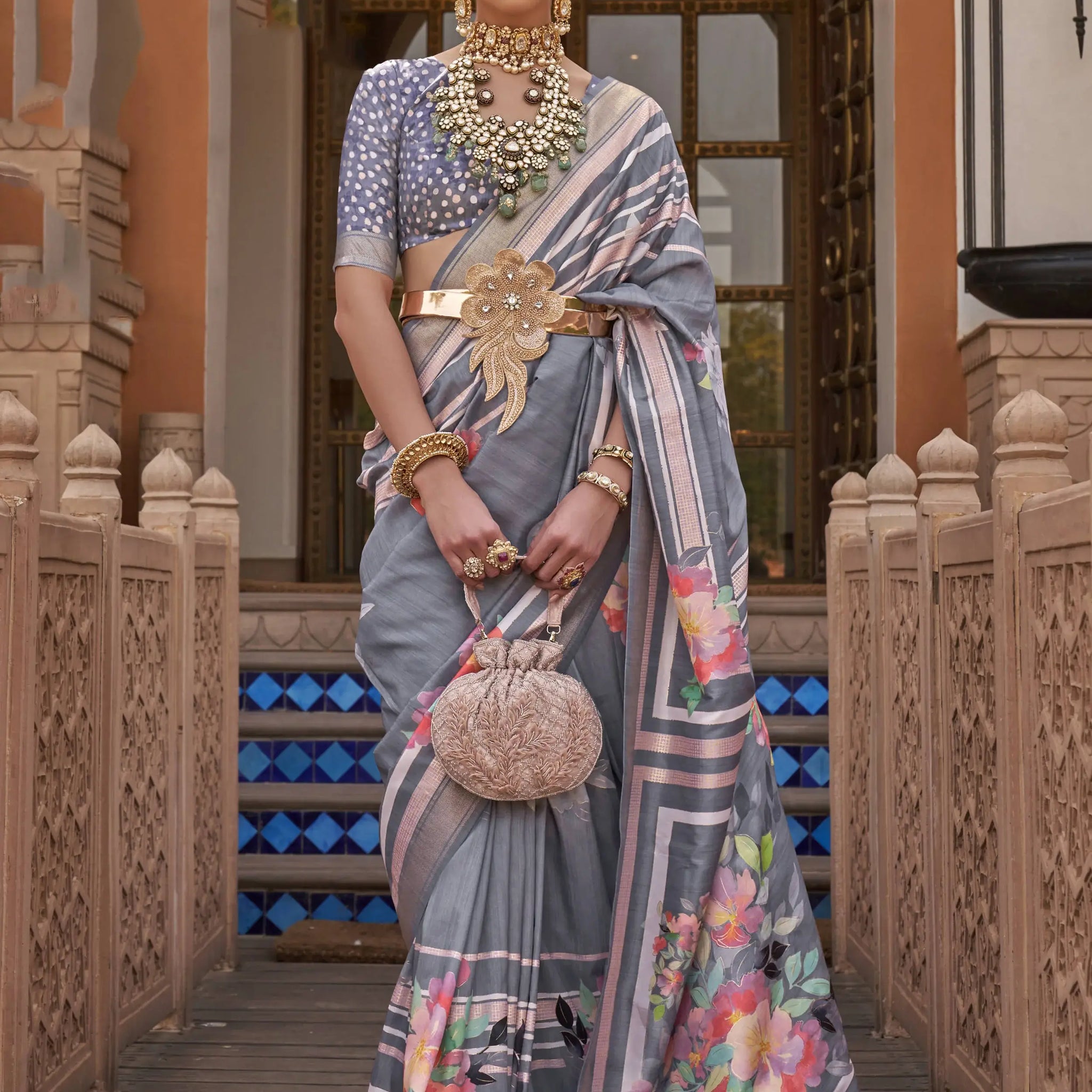 Classic Grey Floral Print Silk Party Wear Saree With Blouse - Zeel Clothing