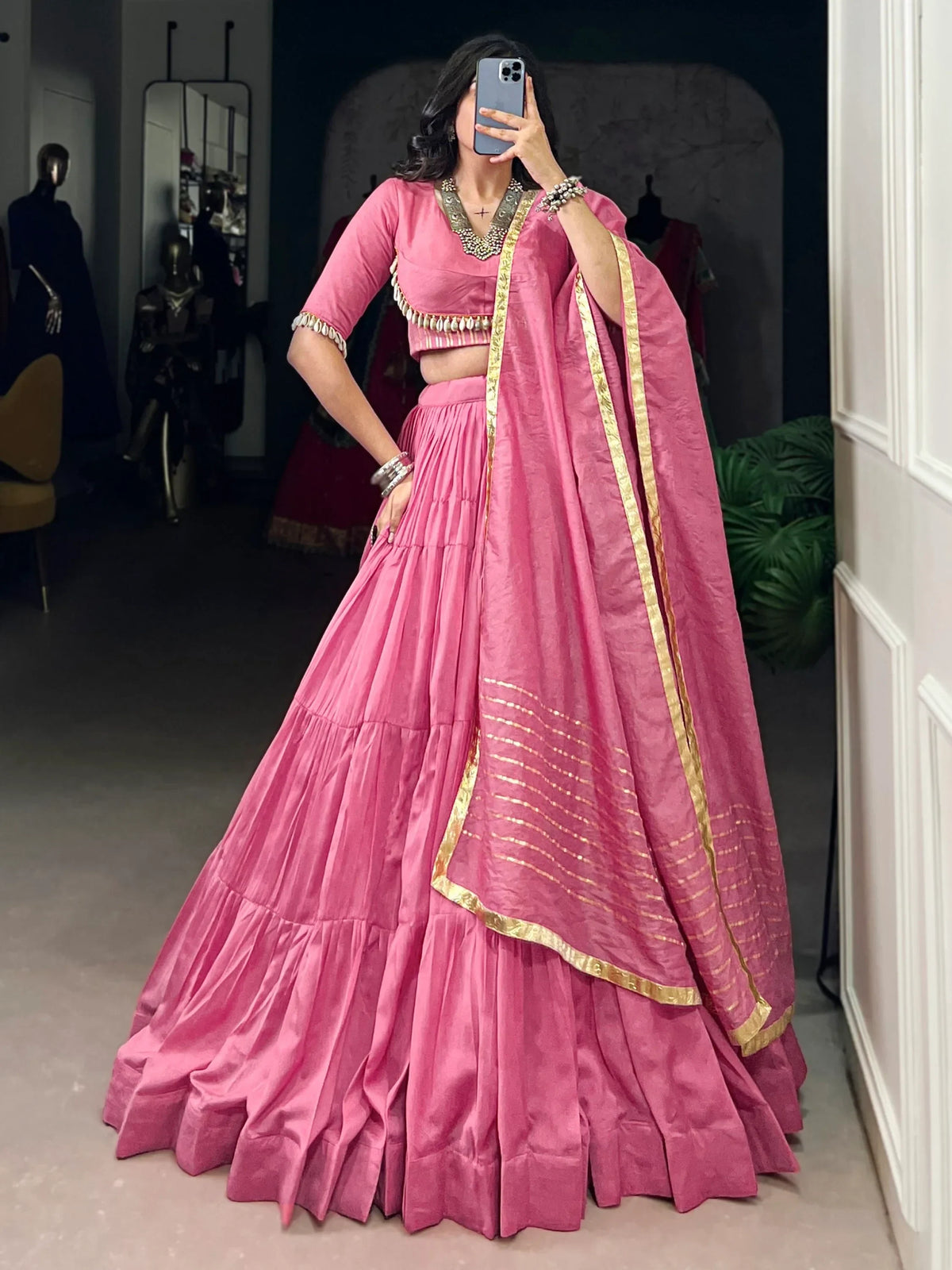 Classic Light Pink Chanderi Traditional Lehenga With Kodi Work Blouse - Zeel Clothing