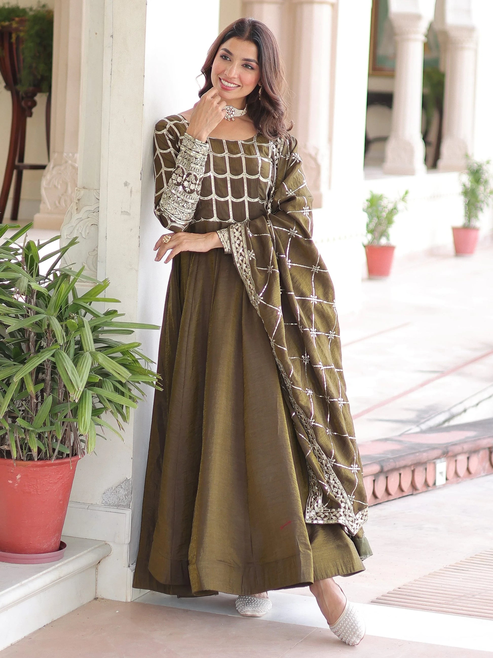 Classic Mehendi Green Sequins Silk Marriage Wear Gown With Dupatta