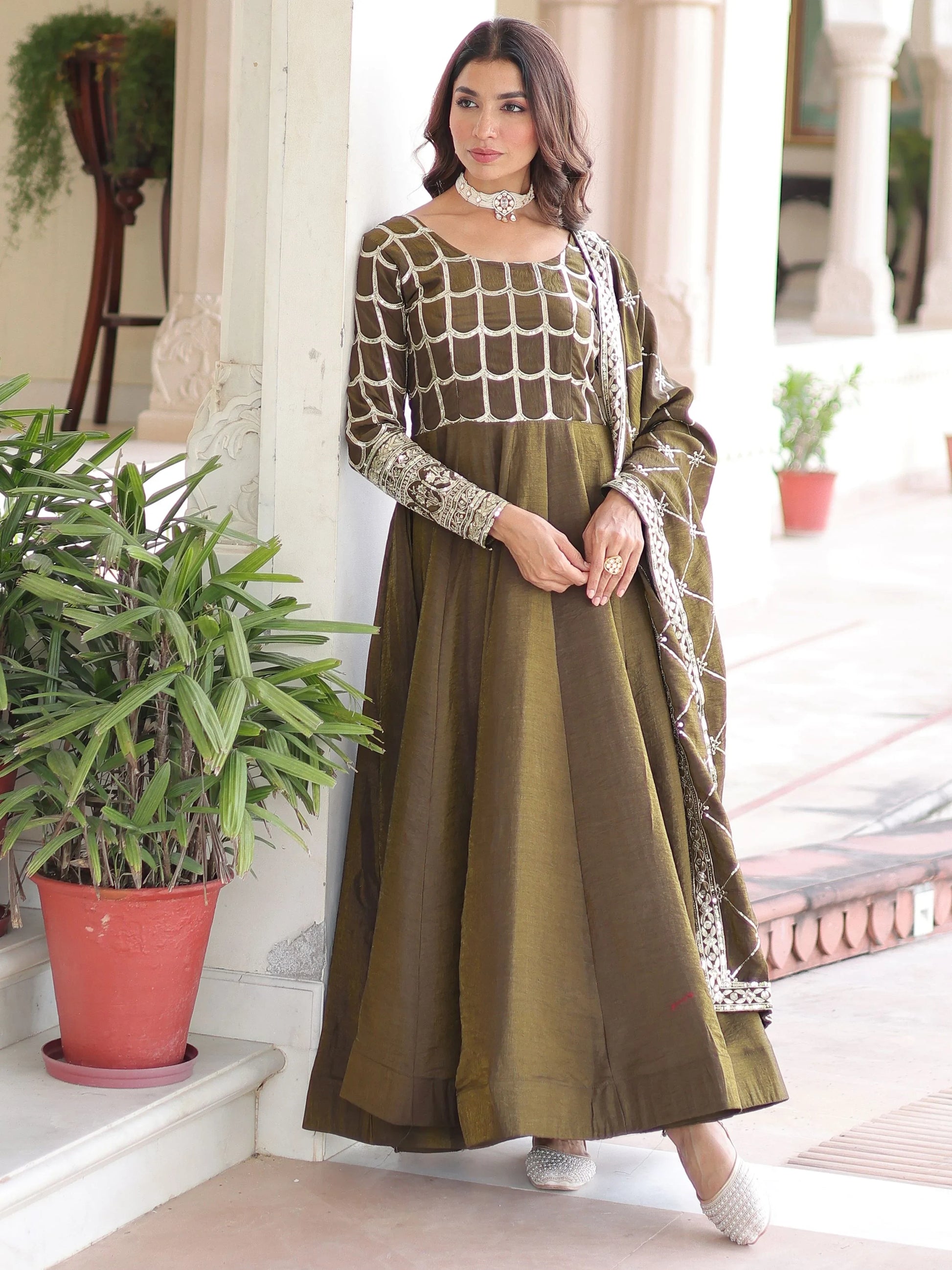 Classic Mehendi Green Sequins Silk Marriage Wear Gown With Dupatta