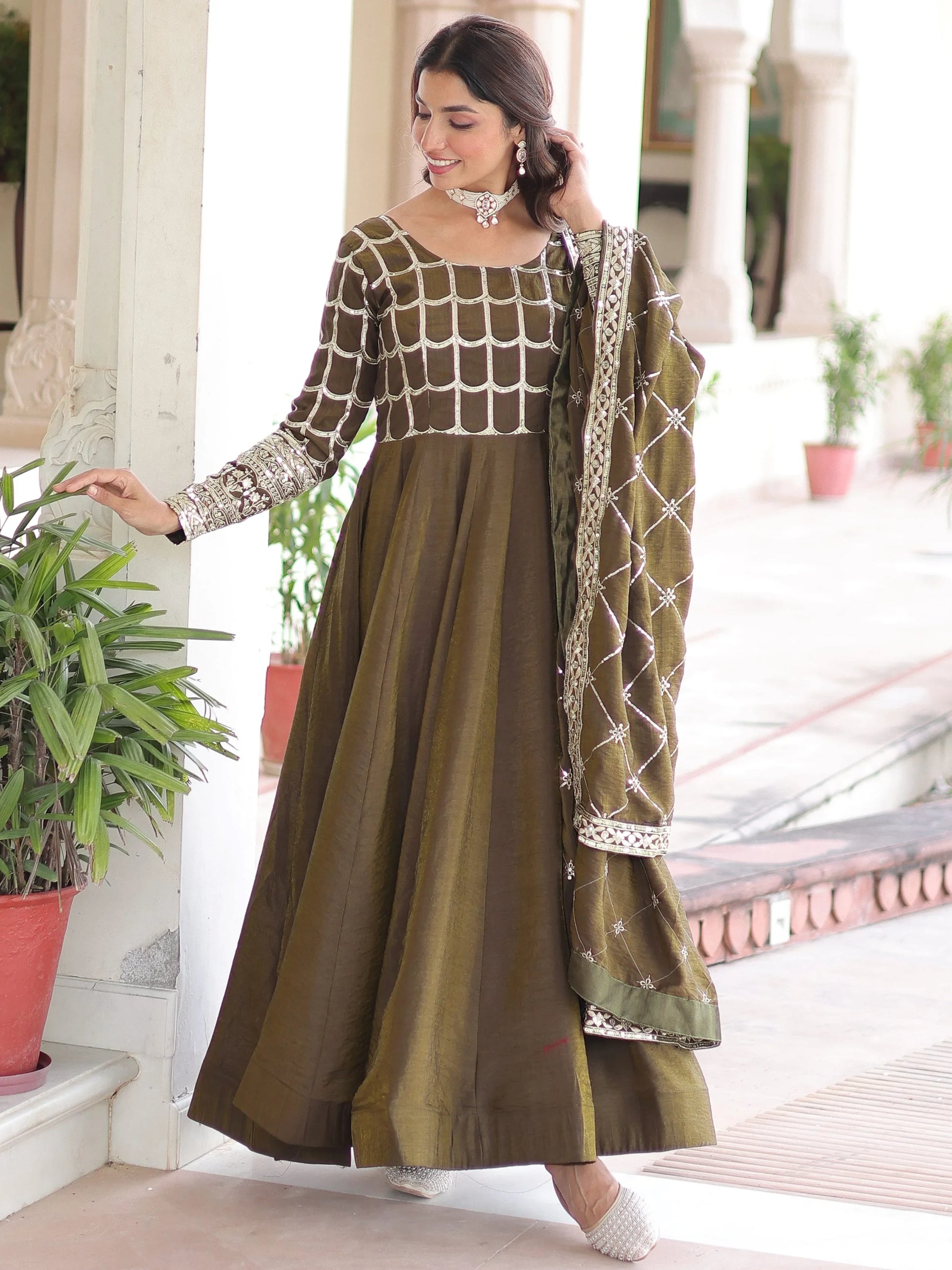 Classic Mehendi Green Sequins Silk Marriage Wear Gown With Dupatta