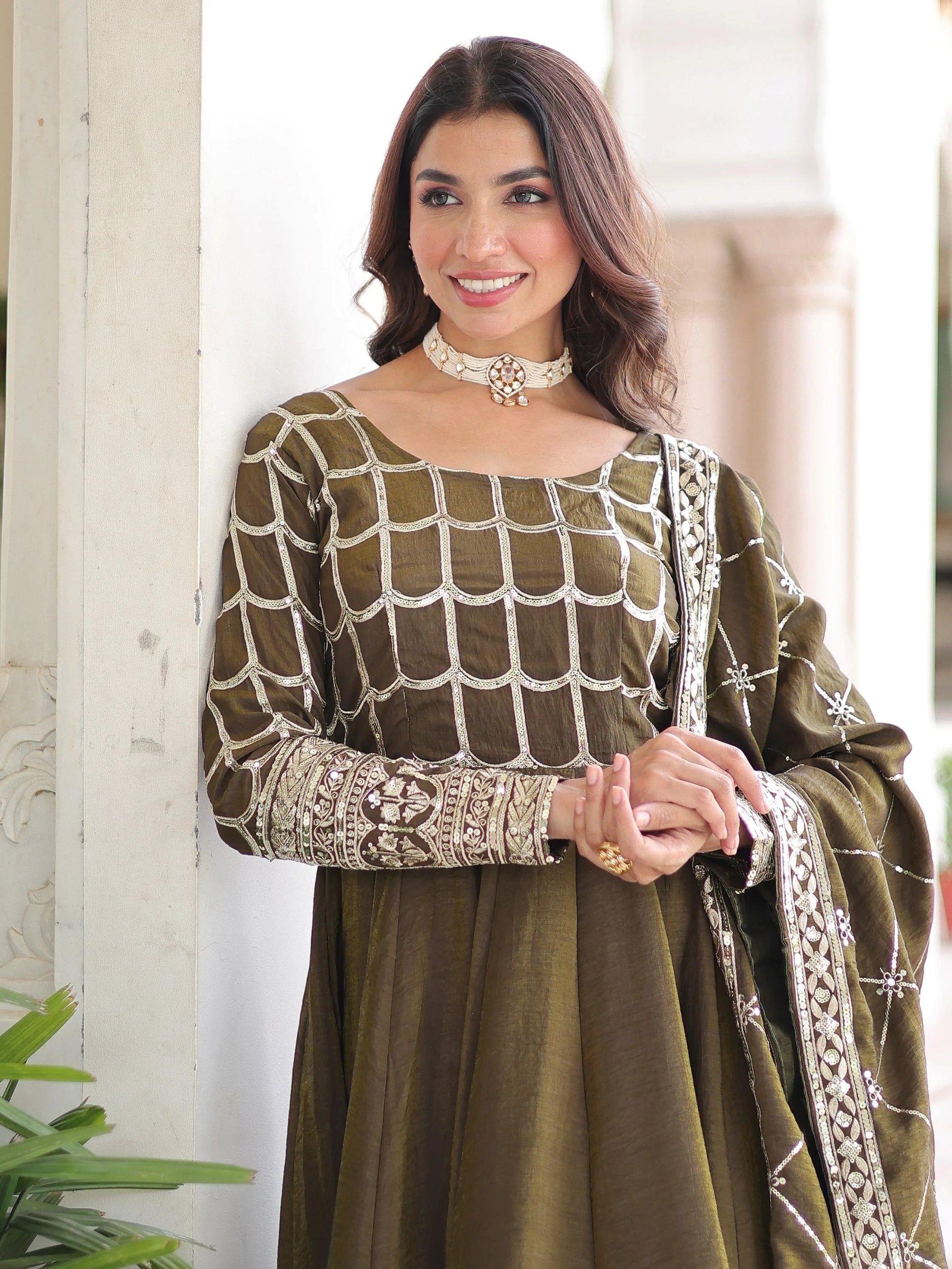 Classic Mehendi Green Sequins Silk Marriage Wear Gown With Dupatta