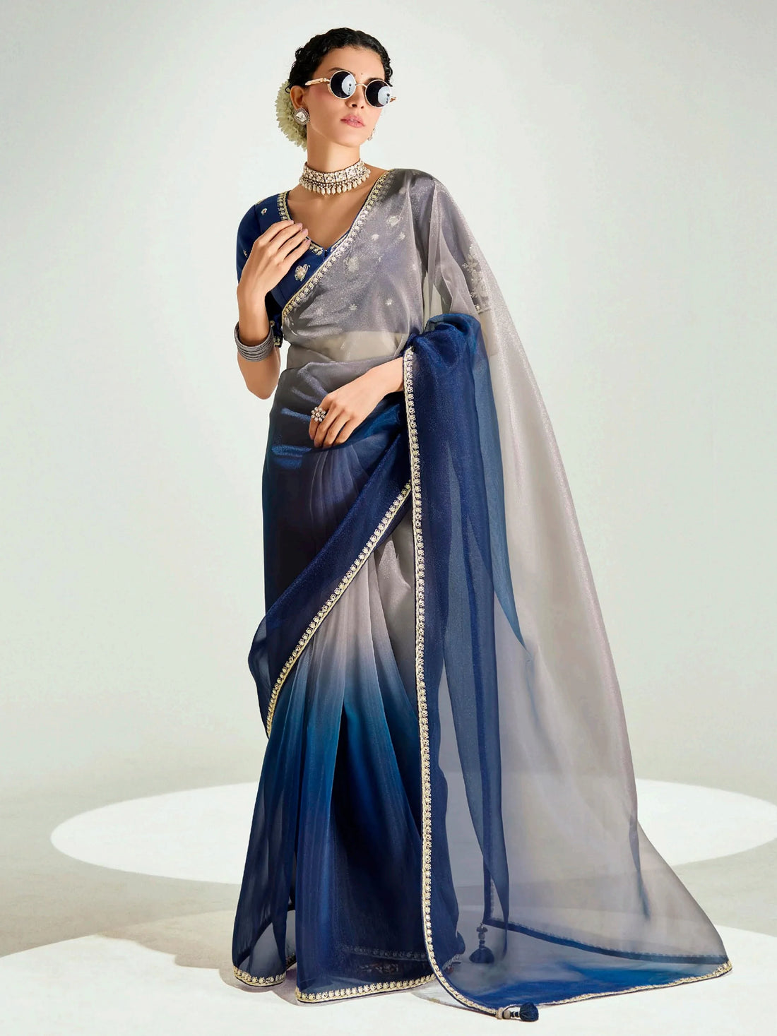 Classic Navy Blue Border Work Organza Traditional Saree With Blouse - Zeel Clothing