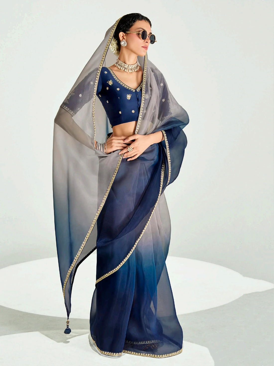 Classic Navy Blue Border Work Organza Traditional Saree With Blouse - Zeel Clothing