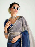 Classic Navy Blue Border Work Organza Traditional Saree With Blouse - Zeel Clothing