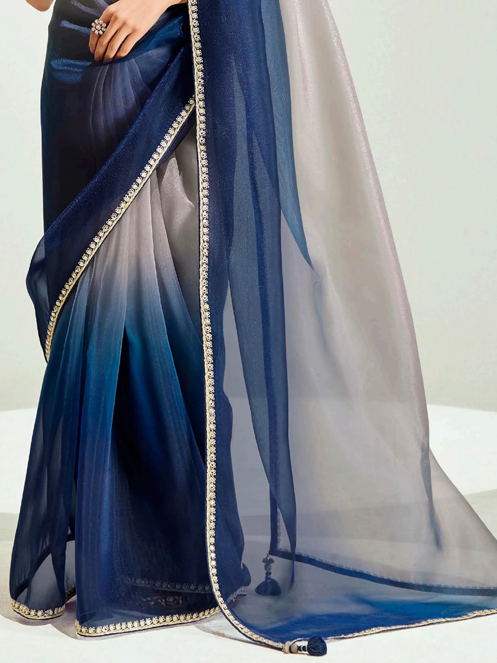 Classic Navy Blue Border Work Organza Traditional Saree With Blouse - Zeel Clothing