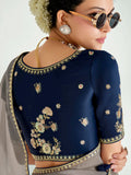 Classic Navy Blue Border Work Organza Traditional Saree With Blouse - Zeel Clothing